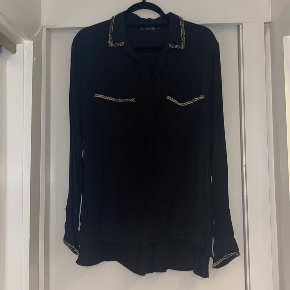 Zara Black Tweed Blouse. Size Large.
